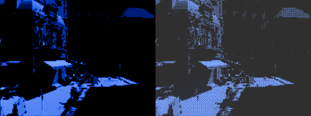 Left, the sun spill's weight as a smooth field; right, the palette each pixel actually snapped to, as a stipple