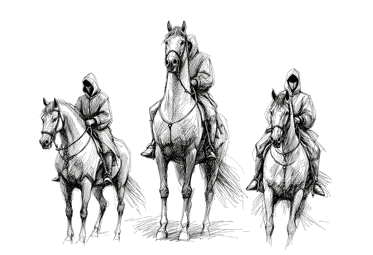 Three illustrated horsemen representing animation, materials, and level design — the tasks that kill game projects