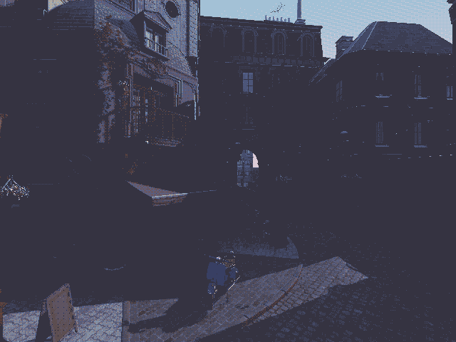 A street at dusk brightening to afternoon and back, rendered in a fixed palette