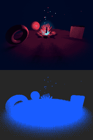 A campfire, its flame and smoke rendered as coarse stipple in a small warm palette, with a toggle for the palette-pick debug view